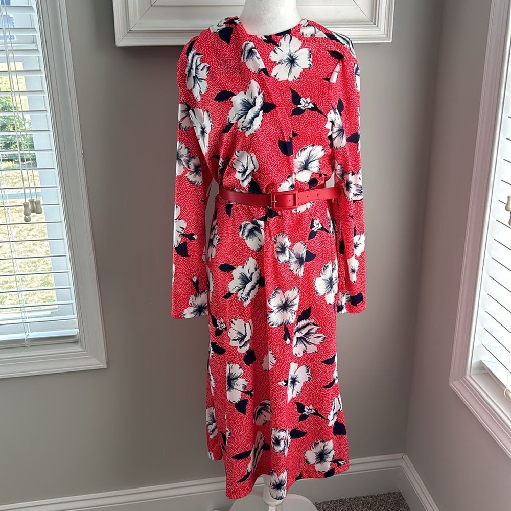 Vintage 80s Blair Red Hibiscus Belted Longsleeve Wrap Midi Dress - Picture 3 of 12